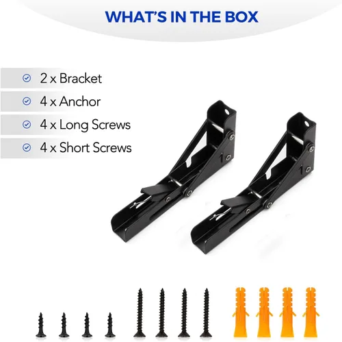 Miniatura 9 de Ravinte Paquete de 2 soportes plegables para estantes de 6 pulgadas, color negro mate, soportes plegables resistentes para mesas y bancos, diseño