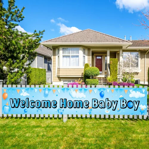 Labakita Cartel de bienvenida a casa para bebé niño, pancarta grande para baby shower, decoración azul para baby shower, revelación de género