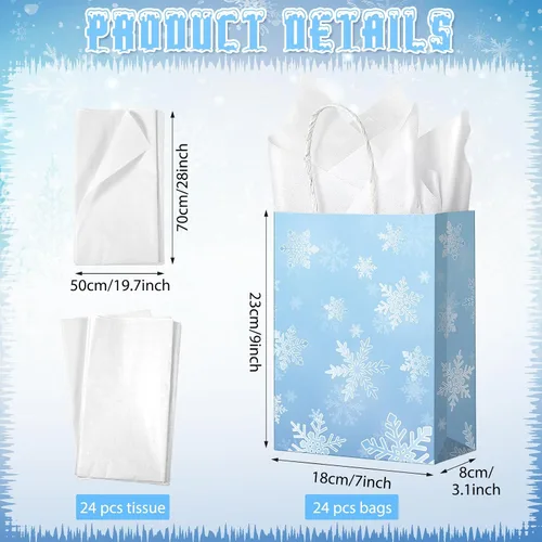 Miniatura 2 de Jectivs Paquete de 24 bolsas de regalo para fiestas, bolsas grandes y gruesas de papel kraft blanco con copos de nieve azul hielo con tejido blanco