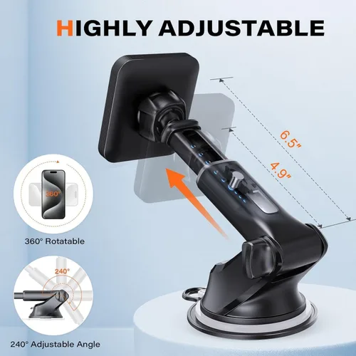 Miniatura 5 de APPS2Car Soporte magnético para teléfono MagSafe para automóvil con ventosa, 17 imanes fuertes y brazo ajustable, soporte de teléfono para tablero