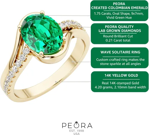 Miniatura 5 de Peora Anillo de oro amarillo de 14 quilates creado con esmeralda colombiana y ondas de diamantes cultivados en laboratorio, 1.96 quilates en total