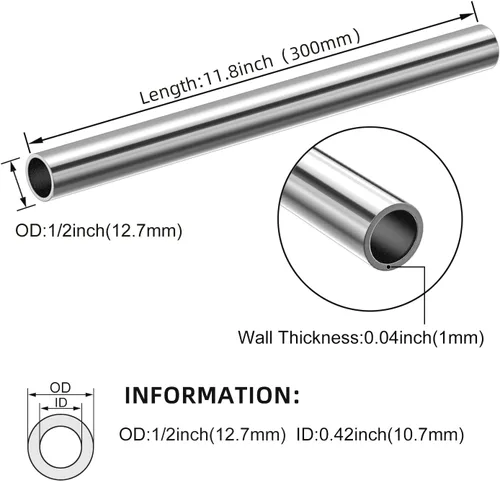 Miniatura 2 de 4 tubos rectos de acero inoxidable de 11.811 in, tubo sin costuras de acero inoxidable OD 304 de 1/2 pulgada, tubo de escape de acero inoxidable