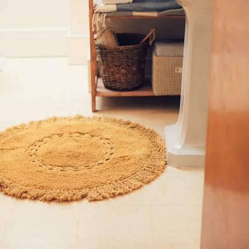 Miniatura 16 de Alfombras de baño bohemias, alfombra de algodón de medio círculo con inserto de ganchillo, borlas y parte trasera antideslizante, tapete de baño