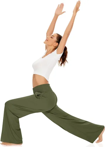 Miniatura 4 de UEU Pantalones de pierna ancha con volantes fruncidos y cintura alta para mujer, estilo casual, holgados, pantalones de yoga con bolsillos