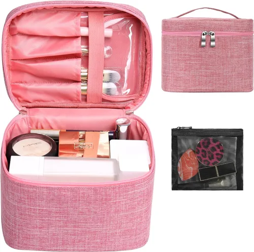 Bolsa de maquillaje de viaje para maquillaje, bolsa de cosméticos, organizador de maquillaje con bolsa de malla, bolsa de soporte para brochas de