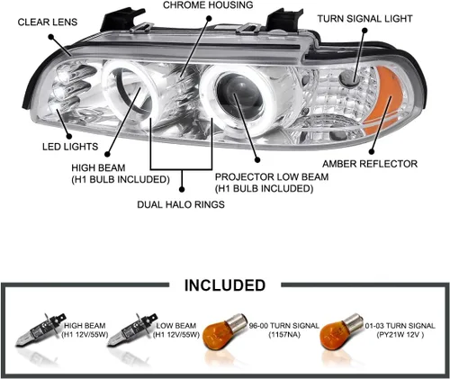 Miniatura 3 de SPEC-D TUNING Faros delanteros LED de doble ángel con proyector, cromados, compatibles con modelos BMW E39 5-Series 1996-2003 sin faros OE de xenón