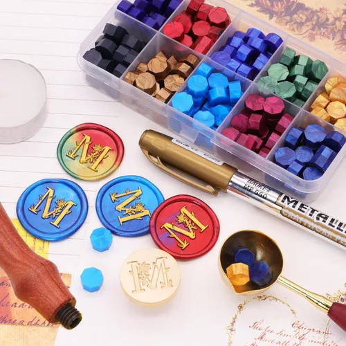 Miniatura 4 de SWANGSA Kit de sello de cera con letra inicial del alfabeto M, elegante sello de sellado de letras florales botánicas con 200 cuentas de cera
