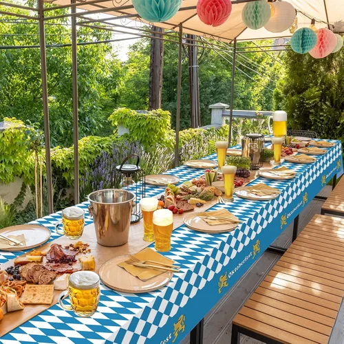Miniatura 7 de 1 Pack Bavarian Oktoberfest Disposable Tablecloth Decorations, Plastic Rectangle Blue and White Bavarian Flag Check Table Cover, Oktoberfest