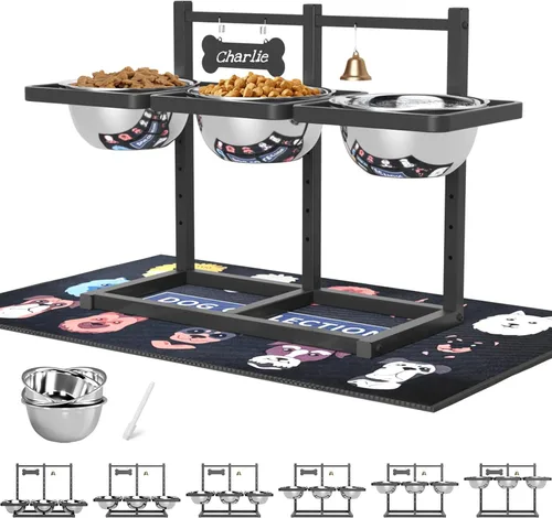 Miniatura 9 de SHAINFUN Soporte de Cuencos Elevados/Alzados para Perros con Altura Ajustable con Dos Cuencos de Comida de Acero Inoxidable de 1.7L y Tapete a