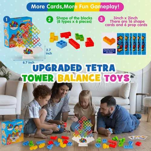 Miniatura 2 de WOWNOVA 48 piezas Torre Tetra, divertido juego de equilibrio y construcción de bloques para apilar para niños, adultos, amigos, equipo, aula