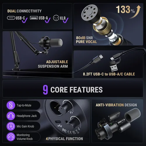 Miniatura 3 de FIFINE - Kit de micrófono de podcast K688, micrófono dinámico USB/XLR con brazo articulado para PC/mezclador XLR, micrófono para juegos con botón
