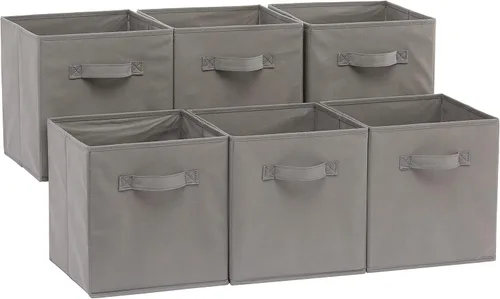 Amazon Basics - Cestos plegables de tela para almacenar, organizadores con asas, 10.5 x 10.5 x 11 pulgadas, color gris, paquete de 6
