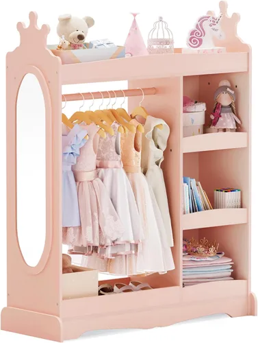 Miniatura 7 de Curipeer Almacenamiento de disfraces para niños con espejo, armario para niños con almacenamiento y 3 ganchos, armario para niños y niñas