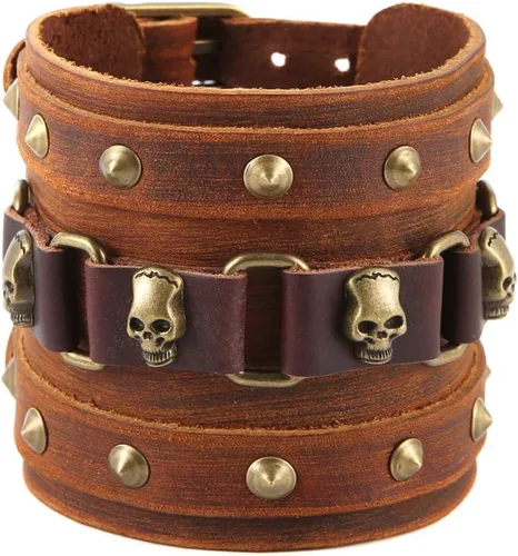 Miniatura 9 de STWTR Pulsera de cuero para hombre estilo punk rock, brazalete ancho tipo cinturón de motocicleta