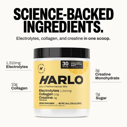 Miniatura 4 de Harlo Electrolitos en polvo 3 en 1 con colágeno y creatina, hidratación, apoyo muscular y articular Certificado NSF Cero azúcar Sal de piña