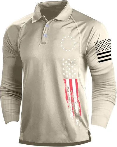 Miniatura 15 de Camisa polo de manga larga con bandera estadounidense para hombre, cuello gráfico patriótico, camiseta de golf, moderna, casual, cuello en V, tops
