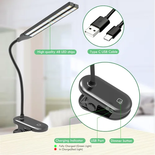 Miniatura 4 de Luz de lectura LED con clip, lámpara de escritorio 48 LED de 2600 mAh, batería recargable por USB, luces de libro recargables por USB, brillo Negro