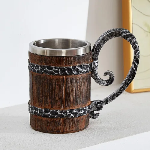 Miniatura 4 de Taza de cerveza vintage con barril de madera de roble sintético, medieval, retro, vikingo, de acero inoxidable, taza de 17 oz/16.9 fl oz, regalo