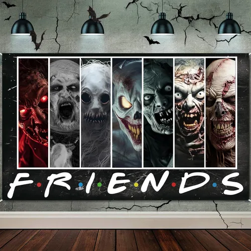 Telón de fondo de personajes de película de terror, decoración de fiesta de Halloween, pancarta clásica de personajes de películas de miedo para