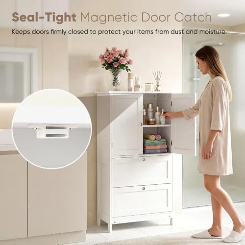 Miniatura 8 de ZenStyle Armario de almacenamiento de piso de baño, organizador de cocina con 2 cajones y 2 puertas, estante ajustable de 5 alturas independientes