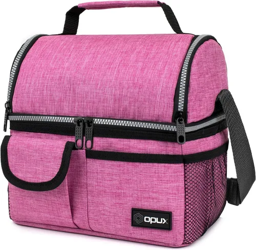 Miniatura 10 de Opux - Bolsa de almuerzo aislada de doble compartimento para hombres y mujeres Bolsa de almuerzo reutilizable con correa para el hombro, forro