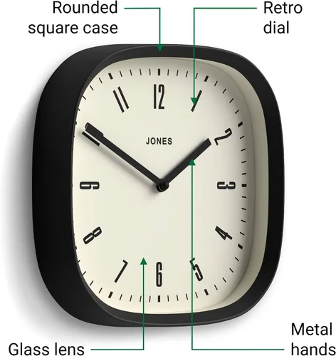 Miniatura 6 de JONES CLOCKS® Reloj de pared Marvel Reloj cuadrado redondo retro moderno 10 pulgadas Negro Aspecto de diseñador genial para cocina, sala