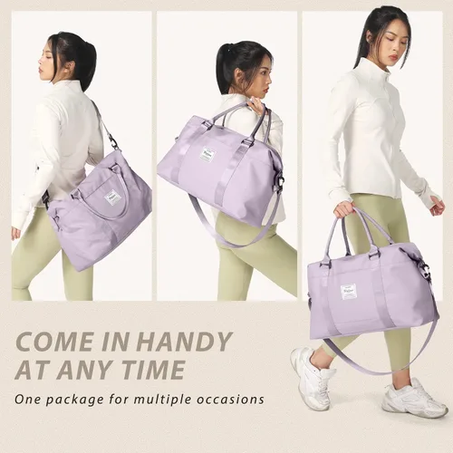 Miniatura 4 de Bolsa de gimnasio para mujer con compartimento para zapatos, bolsa de lona de viaje, bolsa de deporte para gimnasio, F5-Púrpura Claro, Bolsa de viaje