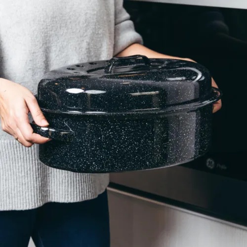 Miniatura 5 de Granite Ware Tostador ovalado cubierto de 19 pulgadas, capacidad de 20 libras, utensilios de cocina de acero esmaltado, apto para lavavajillas y sin