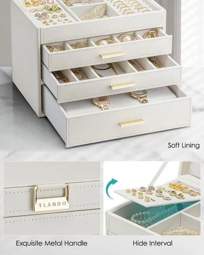 Miniatura 4 de Vlando Joyero grande de 4 capas Organizador de joyas, organizador de joyero para cajón, collar, anillo, pulsera y reloj, regalo de cumpleaños
