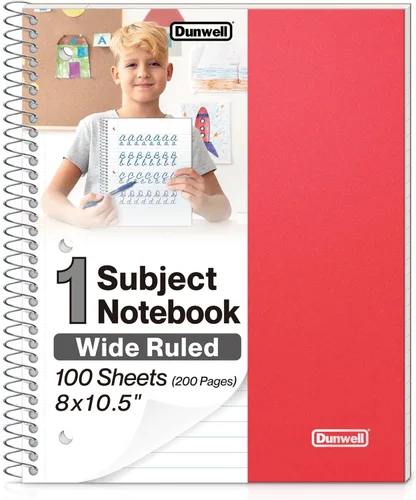 Dunwell Cuaderno de espiral de 1 materia (rojo), cubierta de plástico, 100 hojas (200 páginas) de papel de 8 x 10.5 pulgadas, rayas anchas para una