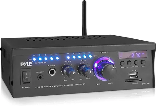 Pyle Amplificador de potencia para el hogar con Bluetooth inalámbrico, 2 receptores estéreo de 120 vatios con medidor de nivel LED azul, radio FM,