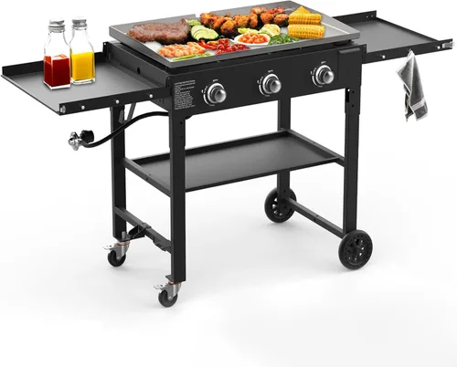 BESTFIRE Parrilla plana de 3 quemadores de 35 pulgadas, parrilla plana de 45,000 BTU para cocinar al aire libre con dos estantes plegables, parrilla