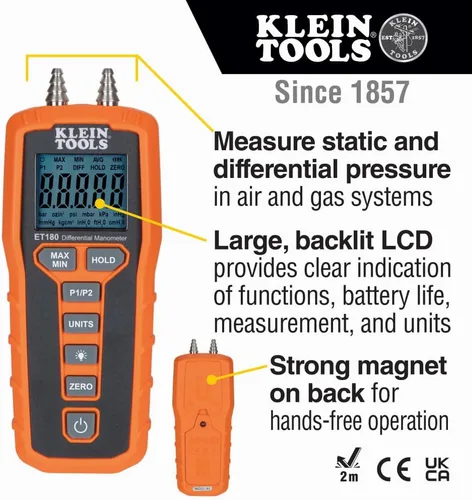 Miniatura 4 de Klein Tools 80142 Kit de detector de fugas de gas, detector de gas combustible, manómetro digital y comprobador de presión HVAC, doble puerto, 2
