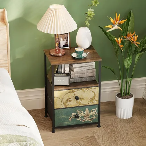 Miniatura 3 de Tohomeor Mesita de noche con 2 cajones de tela, mesa auxiliar de flores retro con estante de almacenamiento abierto para dormitorio, sala de estar