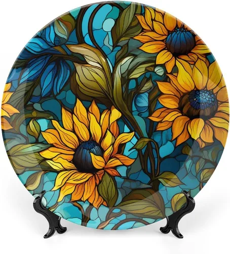Platos decorativos, diseño floral de otoño azul y naranja, plato de cena de cerámica con soporte de exhibición, decoración para colgar en la pared