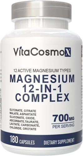 Complejo de magnesio 700 mg – Suplemento de magnesio 12 en 1 con glicinato, citrato, malato, óxido, taurato y más – Alta absorción, 180 cápsulas, 90