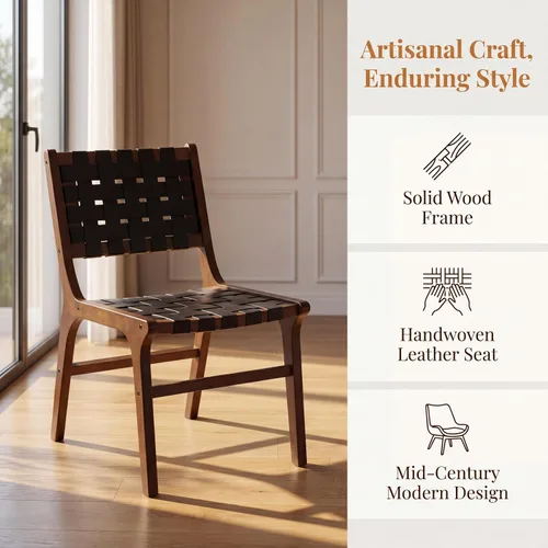 Miniatura 3 de Woven Leather Dining Chairs Set of 4, Mid Century Modern Solid Wood Dining Room Chairs with Handwoven Leather Strap Seat, Armless Kitchen Side