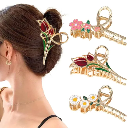 Miniatura 8 de Pinzas para el cabello de flores, de metal, grandes, antideslizantes, de sujeción fuerte, pasadores para el cabello floral, accesorios
