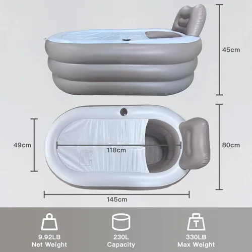 Miniatura 2 de B&Y Bañera portátil para adultos, bañera de hielo, bañera de hidromasaje familiar con cubierta de cremallera, diseñada con reposacabezas, portavasos