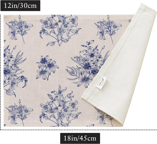 Miniatura 8 de LilyCat Manteles de tela de lino con estampado floral azul, manteles impermeables y duraderos de estilo bohemio para mesa de comedor, juego de 4