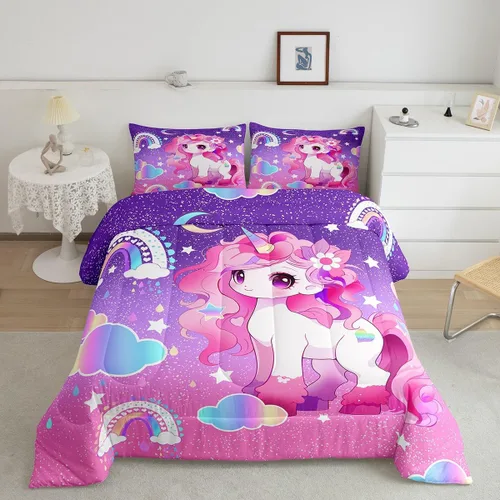 Miniatura 22 de Feelyou Juego de ropa de cama de unicornio para niñas, bonito edredón con purpurina de unicornio de dibujos animados arco iris para niños, juego