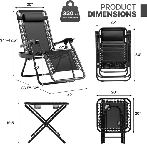 Miniatura 3 de Magshion Juego de 2 sillas plegables de gravedad cero, sillas de campamento reclinables para exteriores, sillas reclinables para patio con mesa Negro