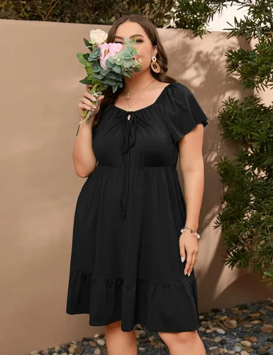 Miniatura 5 de ShopWonder Vestidos hawaianos de talla grande para mujer, vestido de cuello cuadrado, manga corta, casual, acampanado, vestido de verano