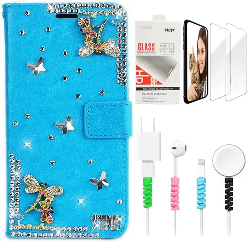 Miniatura 10 de Bling Wallet - Funda de cuero compatible con Google Pixel 6a, elegante, hecha a mano en 3D, con libélula y purpurina para bicicleta, con protector