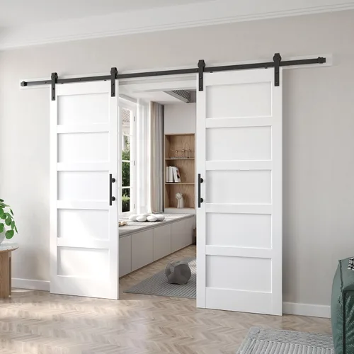 Miniatura 39 de Fredbeck Puerta de granero blanca de 30 x 84 pulgadas con kit de herrajes para puerta corredera de 5.5 pies incluido y asa, sólida, MDF, superficie