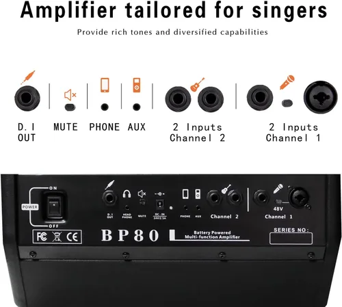 Miniatura 4 de Coolmusic BP80 amplificador a batería para guitarra acústica - altavoz Bluetooth portátil 100W, 6 entradas, ecualizador de 3 bandas, negro
