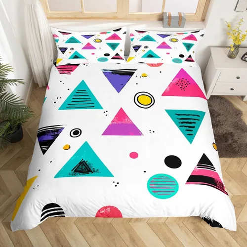 Miniatura 20 de Juego de funda de edredón retro de los años 80 y 90 para hombres y niños, tamaño matrimonial, con formas geométricas redondas triangulares, funda