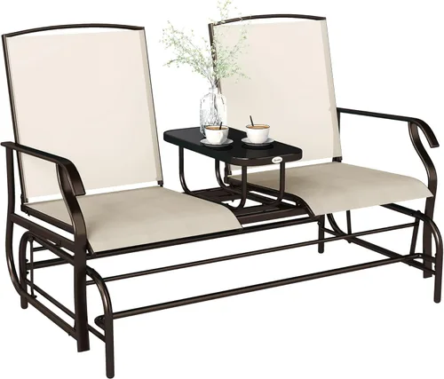 Outsunny Banco deslizante para exteriores con mesa central, sofá de patio con estructura metálica, tela transpirable de malla y reposabrazos para