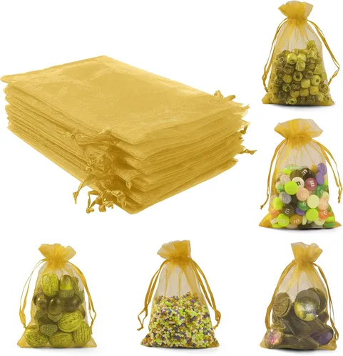Miniatura 6 de ANZNKU Paquete de 50 bolsas de organza pequeñas de malla de 4 x 6 pulgadas, bolsa de regalo dorada de primera calidad con cordón, bolsa de malla