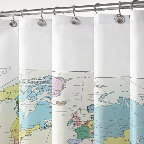 Miniatura 2 de Sunlit ¡Nuevo! Mapa extra largo del mundo con ciudades importantes detalladas. Cortina de ducha de tela repelente al agua sin PVC, no tóxica e